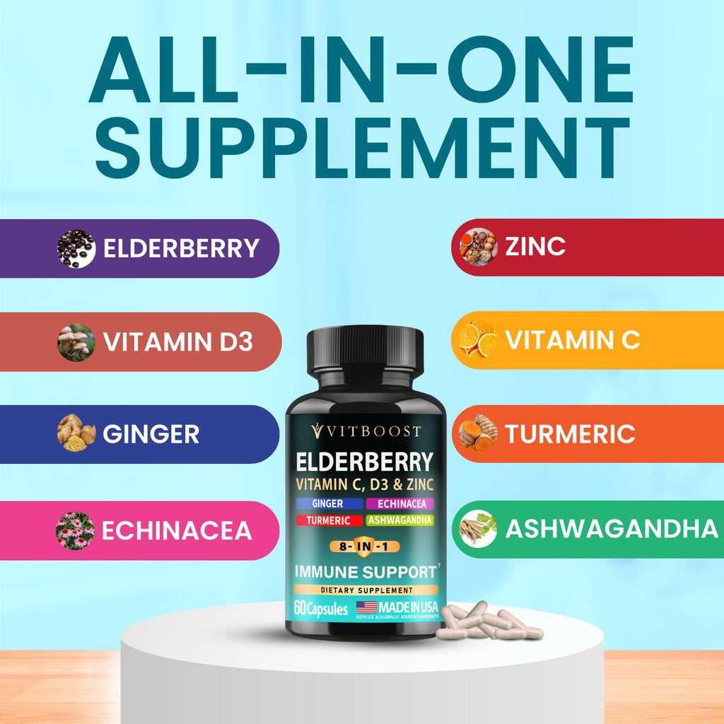 Elderberry Immune Support Supplement 8-in-1 Formula with Echinacea, Vitamin C & Zinc, Vitamin D 5000 IU, Turmeric, Ginger, Ashwagandha – 60 Capsules