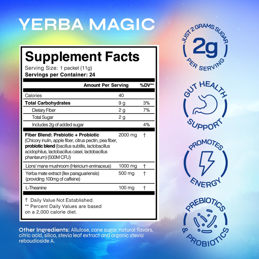 Yerba Magic Instant Yerba Mate Powder Packets – Clean Energy & Focus Drink Mix for Gut Health – Nootropic Blend with Lion’s Mane, L-Theanine, Prebiotics & Probiotics – Low Sugar Natural Caffeine – Variety Pack, 24 Sticks Brainista Au supplements