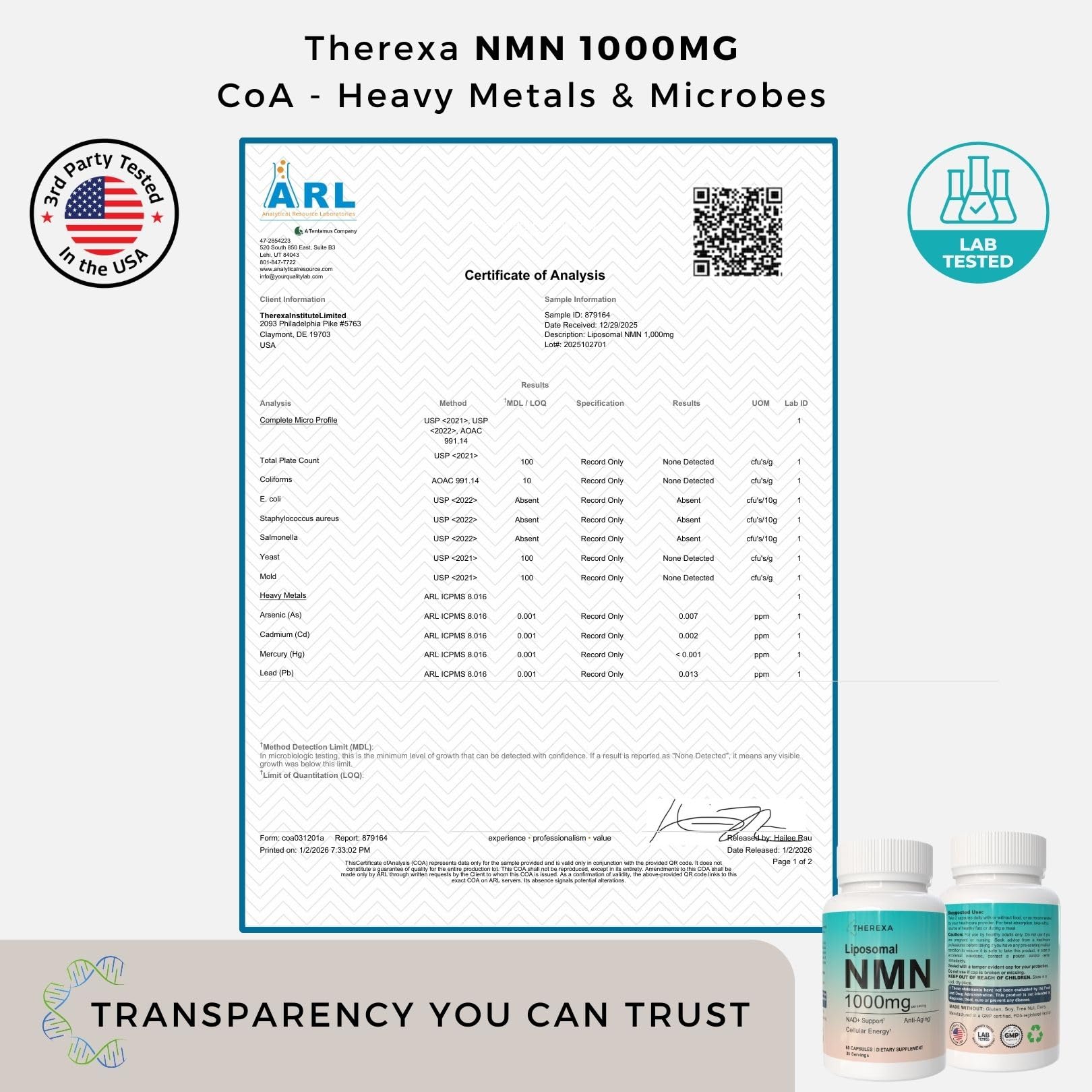 NMN Supplement 1000mg Pure - Liposomal NMN for NAD+ Supplement, Tested in USA, 60 Capsules THEREXA Au supplements