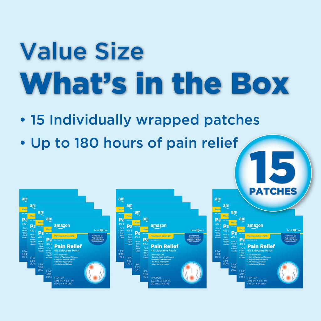 Amazon Basic Care Maximum Strength OTC Pain Relief , 4% Lidocaine Patch, 3.9” x 5.5”, 15-Count Box (Previously HealthWise) Amazon Basic Care Au supplements