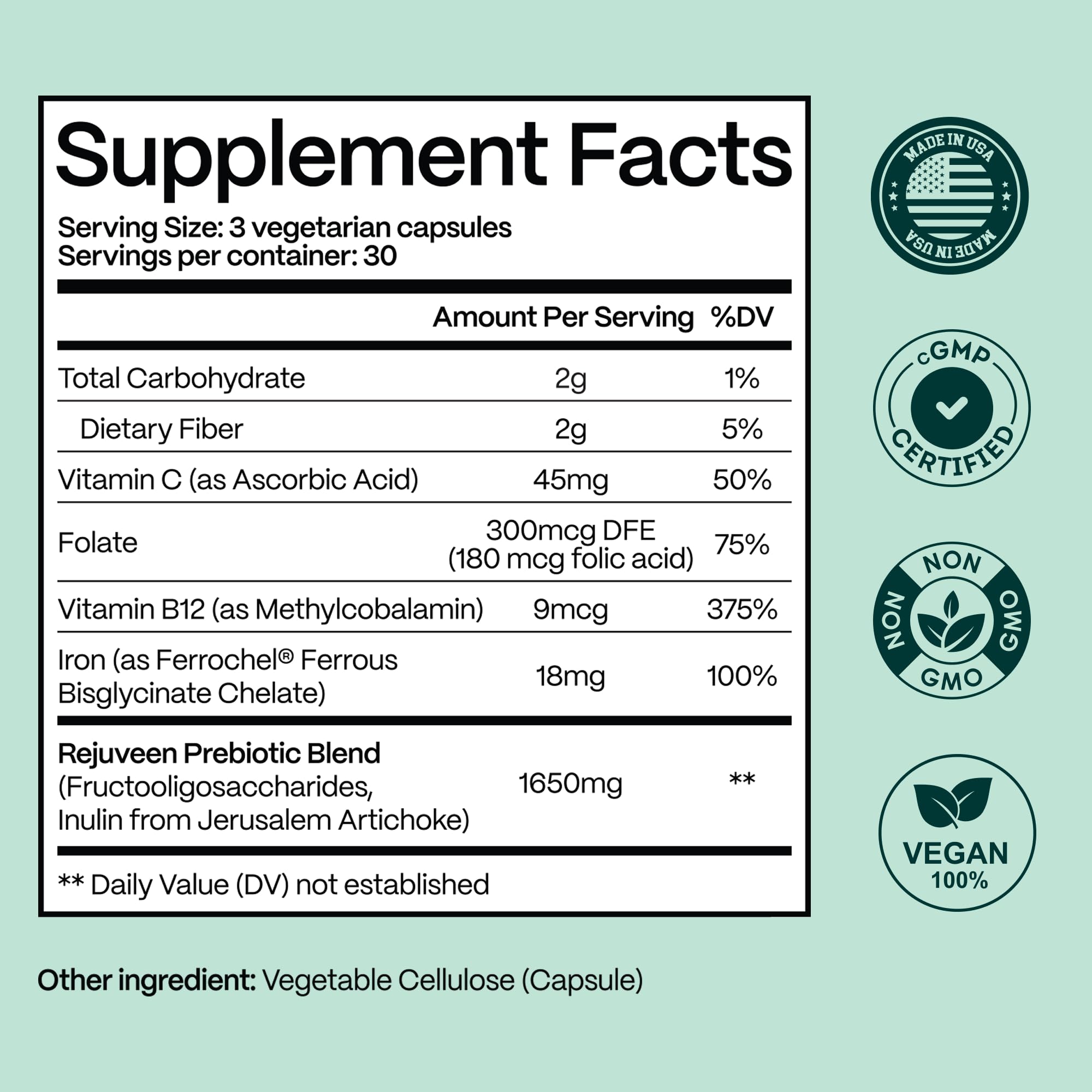 Rejuveen Previtalean | Prebiotic Fiber Supplement for Women | Supports Gut Health & Red Blood Cell Production | Contains Highly Bioavailable Iron