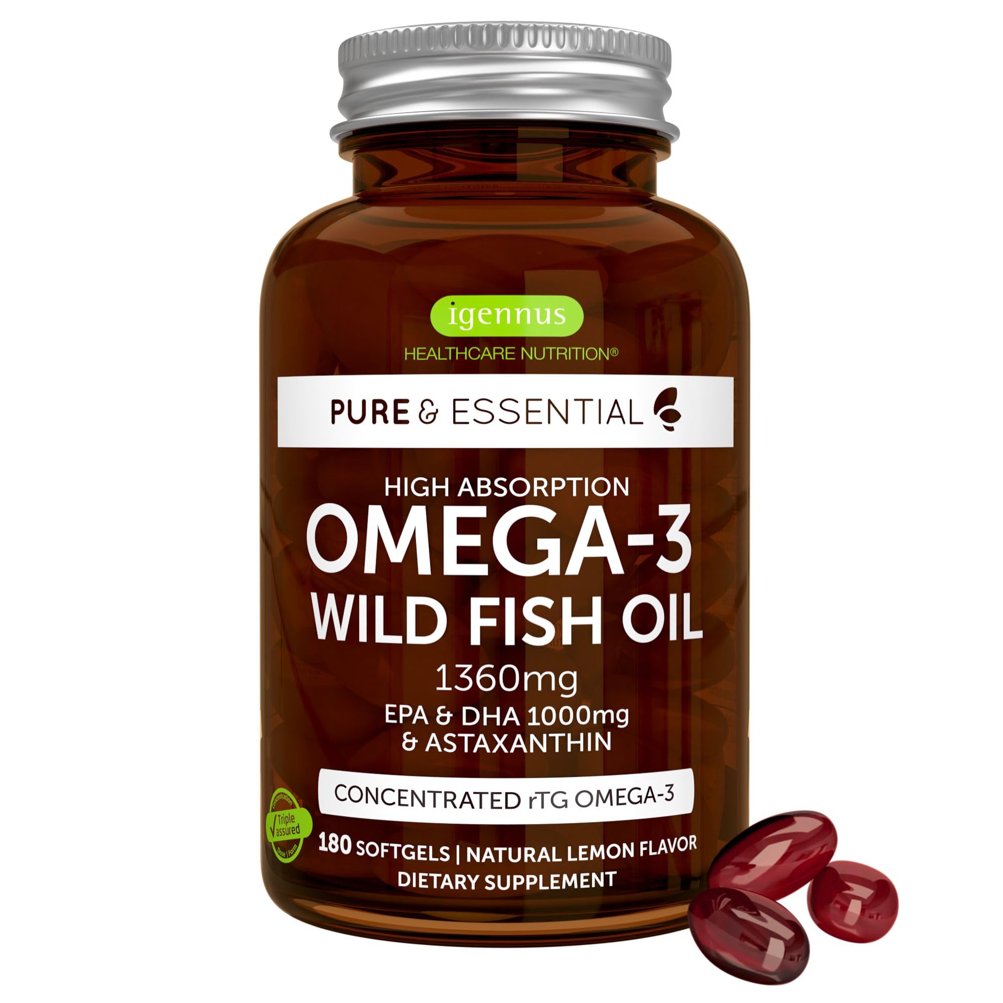 Igennus Ultra Pure Omega 3 Triglyceride rTG Wild Fish Oil 1360mg, IFOS Certified, EPA DHA 1000mg Plus Astaxanthin, Non-GMO,