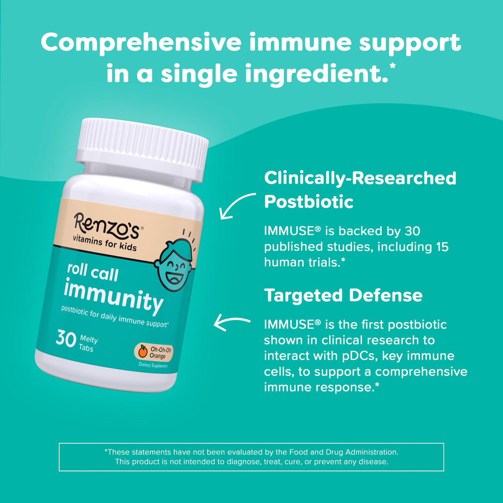 Renzo's Roll Call Immunity - Dissolvable Kids Immune Support Supplement with IMMUSE Postbiotic, Sugar-Free Kids Vitamins, 30 Orange-Flavored Melty Tabs Renzo's Au supplements