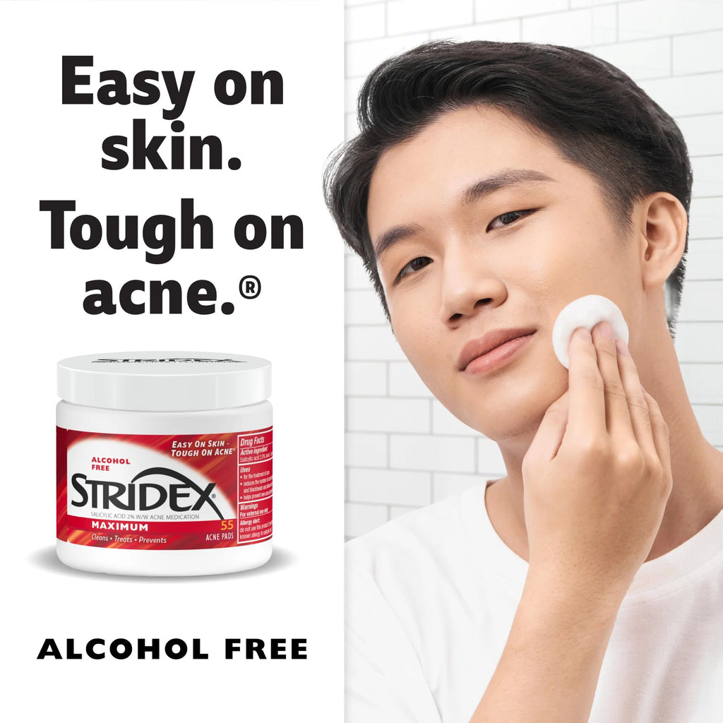 Stridex Medicated Acne Pads, Maximum, 55 Count – Facial Cleansing Wipes, Alcohol Free
