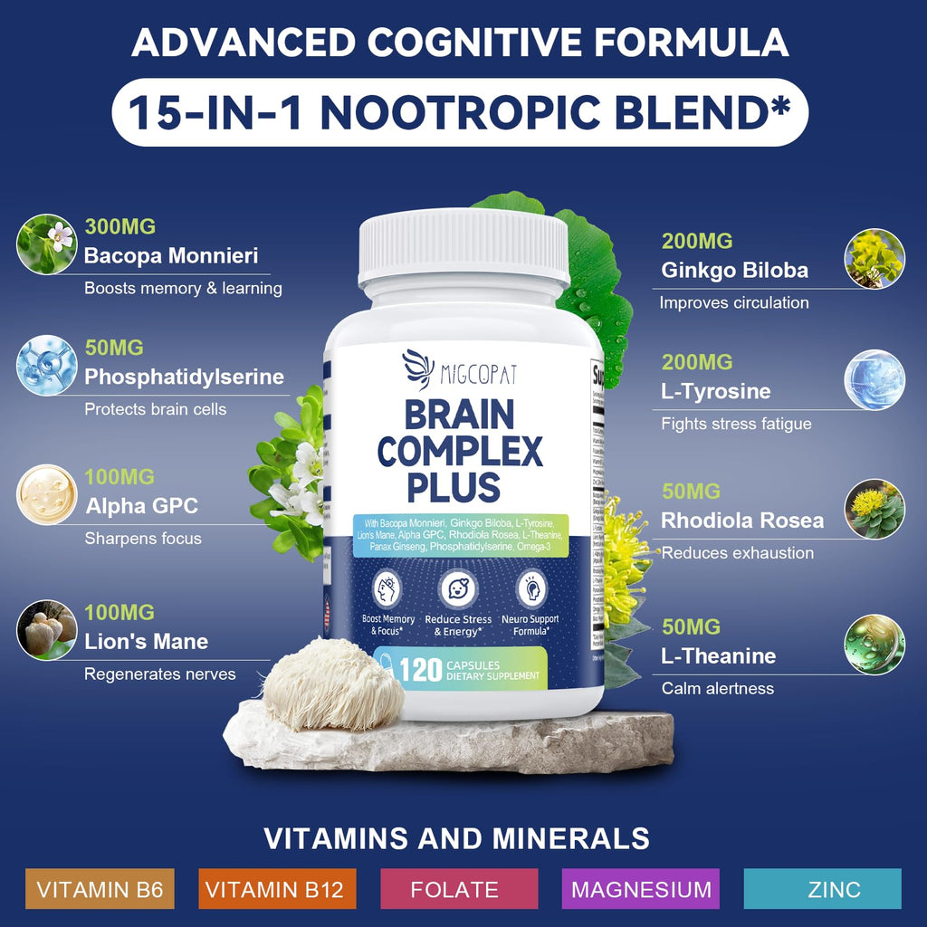 Brain Supplements for Memory & Focus - Nootropic with Bacopa Monnieri, Lion's Mane, Alpha GPC, Phosphatidylserine | Supports Mental Clarity & Cognitive Function | Vitamin B6 & B12-120 Capsules Migcopat Au supplements