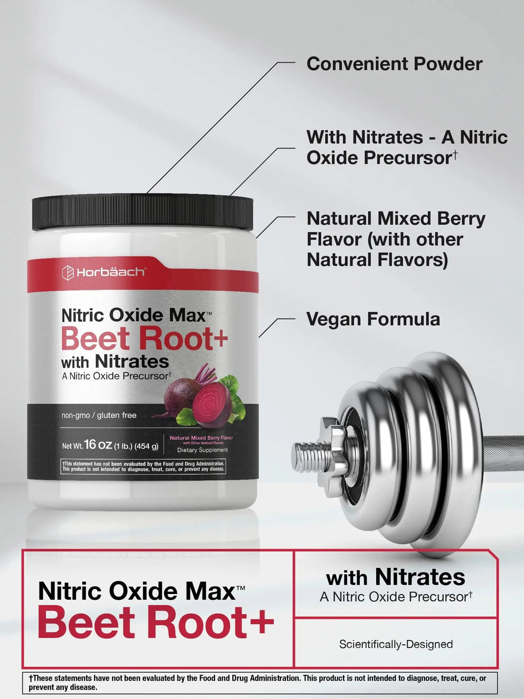 Nitric Oxide Beet Root Powder | 16 oz (454g) | Natural Mixed Berry Flavor | with Nitrates Horbäach Au supplements