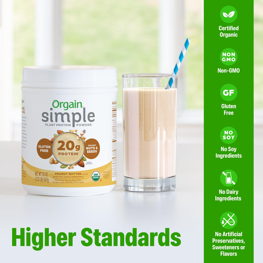 Orgain Organic Simple Vegan Protein Powder, Peanut Butter - 20g Plant Based Protein, With less Ingredients, No Artificial Sweeteners, Gluten Free, No Dairy or Lactose, 1.25 lb (Packaging May Vary)