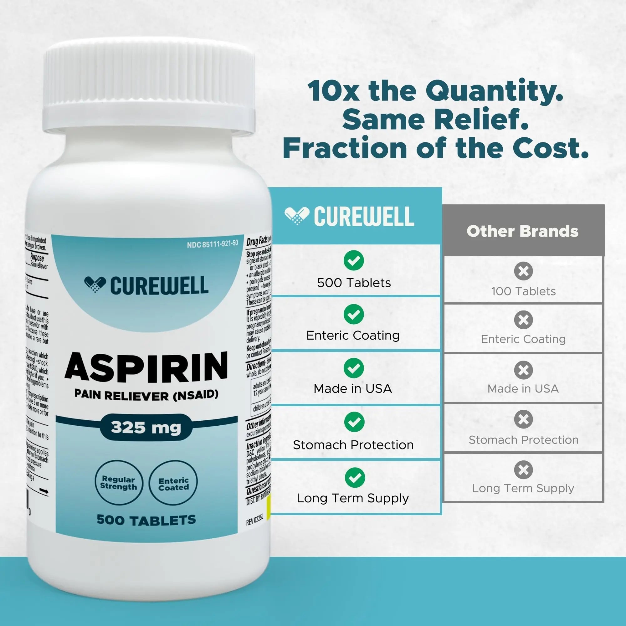 CUREWELL Enteric Coated Aspirin Tablets 325mg (500 Count) NSAID Pain Reliever & Fever Reducer Coated Aspirin for Adults - Regular Strength for Headache Arthritis Menstrual & Muscle Pain CUREWELL Au supplements