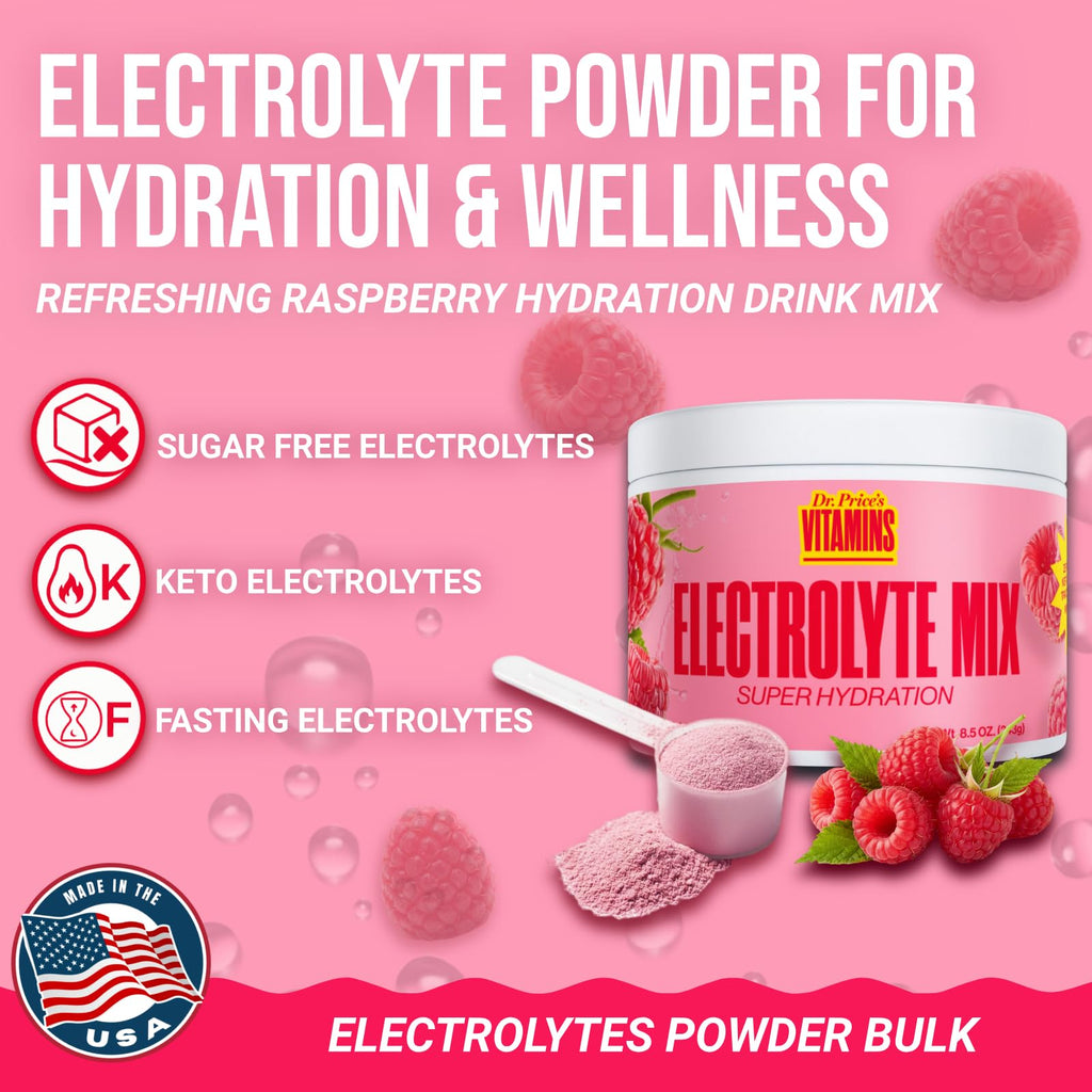 Dr. Price’s Electrolytes Powder Bulk – Raspberry, 90 Servings | Sugar Free Hydration Drink Mix with 72+ Trace Minerals, Manganese | Keto Electrolytes