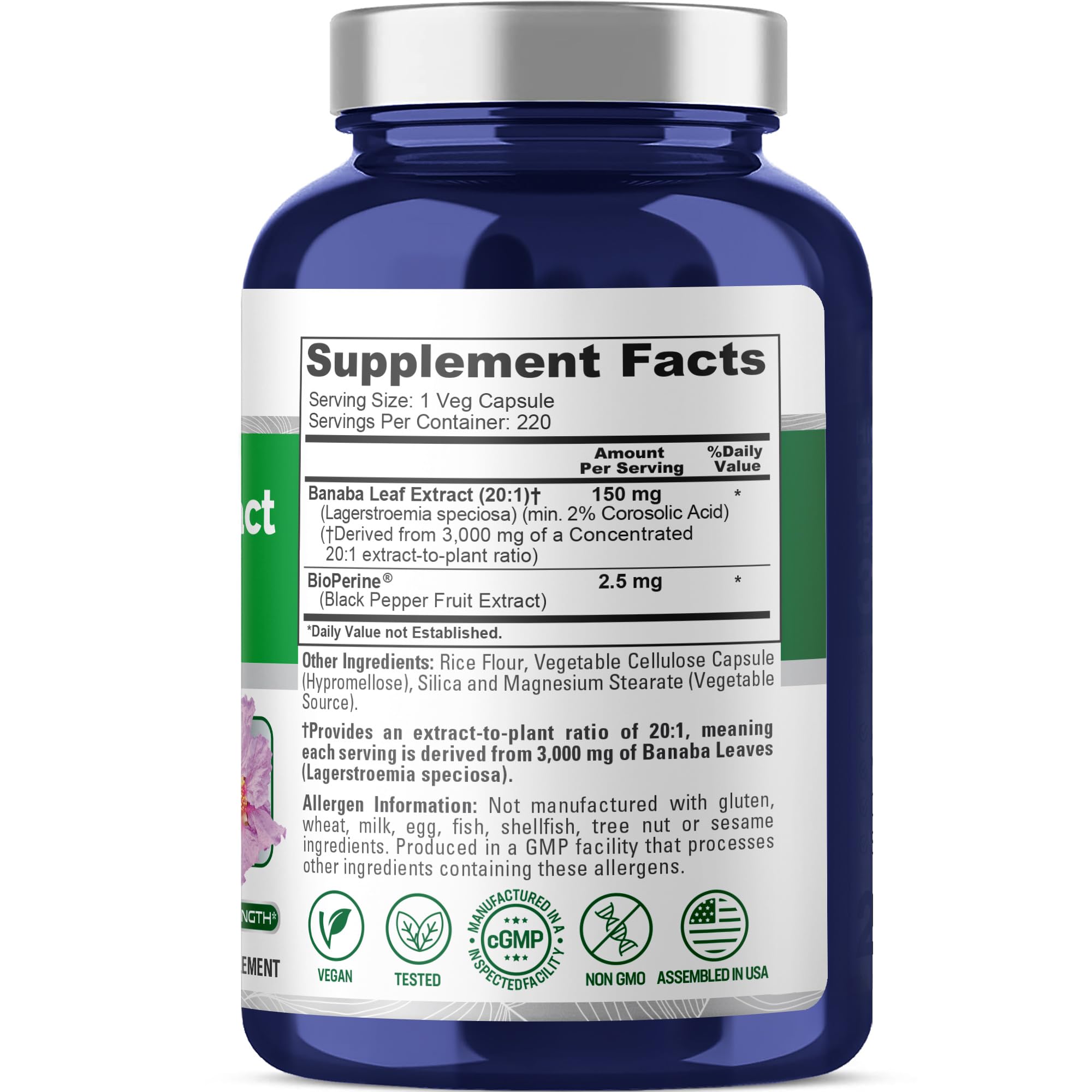 NusaPure Banaba Leaf 20:1 Extract, 150 mg Equivalent to 3,000mg Veg Caps, 220 Days Supply (Non-GMO & Vegan) 2% Corosolic Acid NusaPure Au supplements