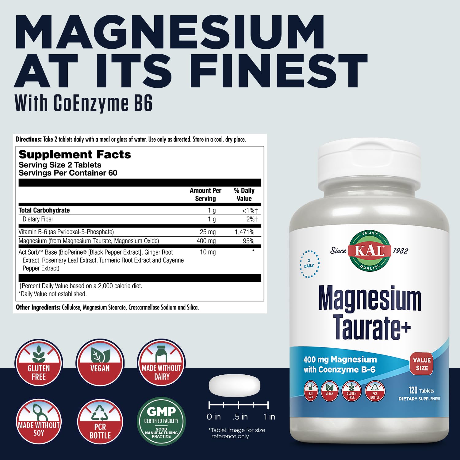 KAL Magnesium Taurate 400mg Plus Vitamin B6, Chelated Magnesium Supplement, High Absorption Magnesium Complex, Muscle and Heart Health Support, Vegan, Gluten Free,