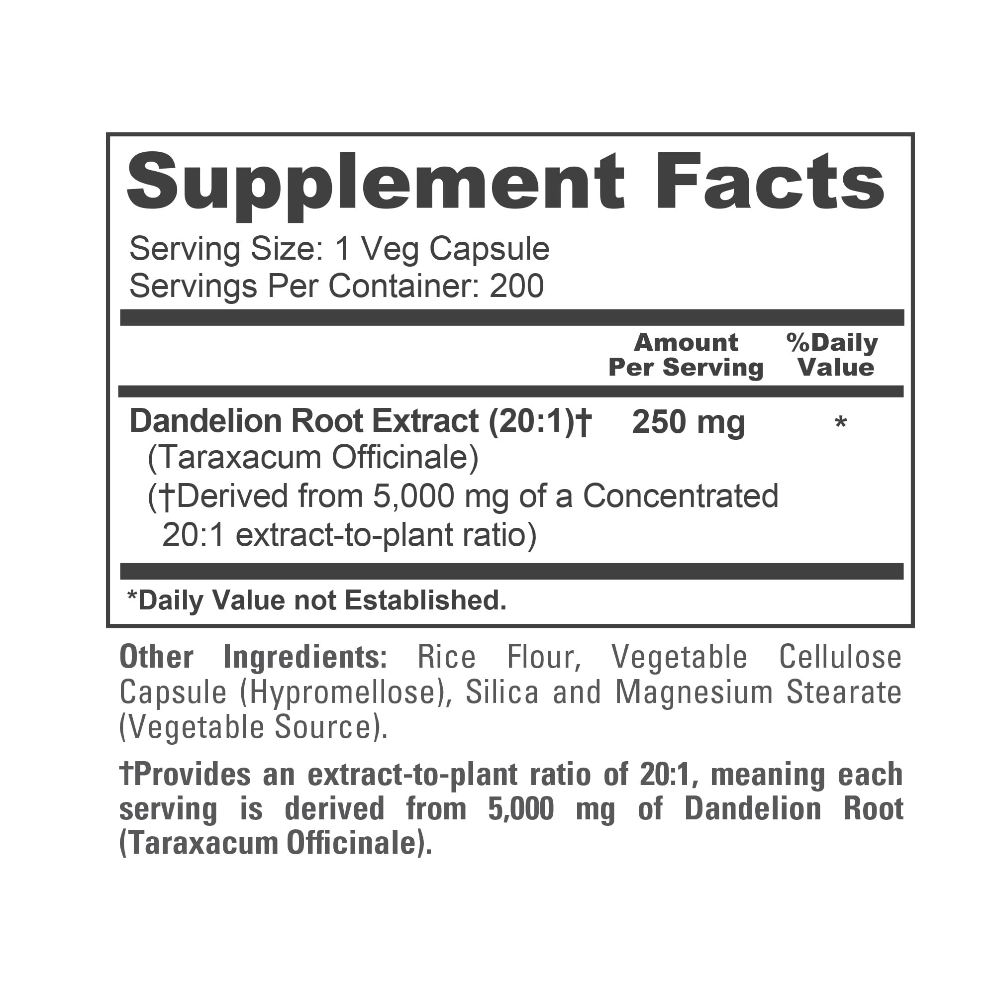 NusaPure Dandelion Root 20:1 Extract, 250 mg Equivalent to 5000mg 200 Veg Capsules (Vegan, Non-GMO) NusaPure Au supplements