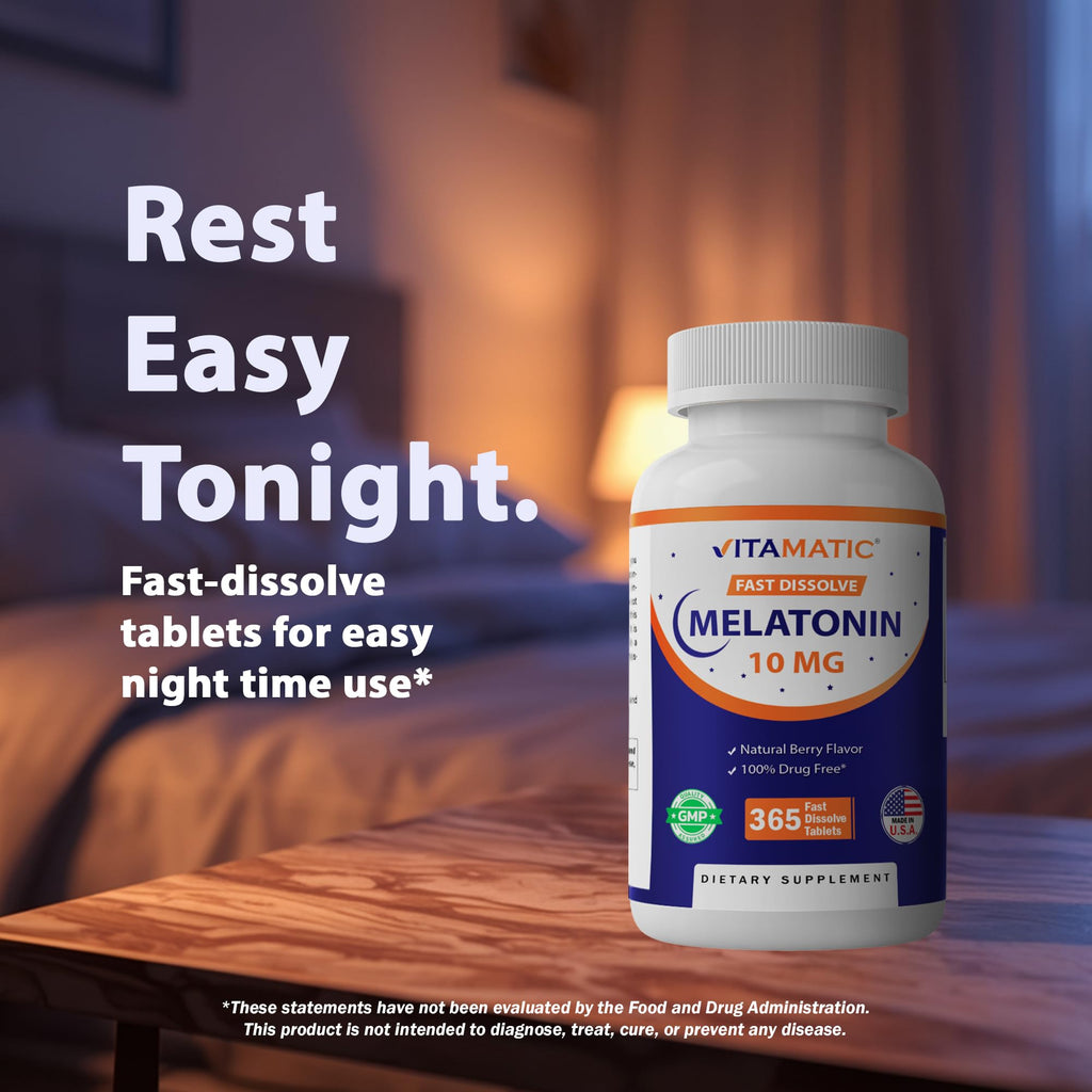 Vitamatic Melatonin 10 mg Fast Dissolve Tablets – Quick-Dissolving Sleep Support Supplement for Adults – Vegetarian, Non-GMO & Gluten-Free