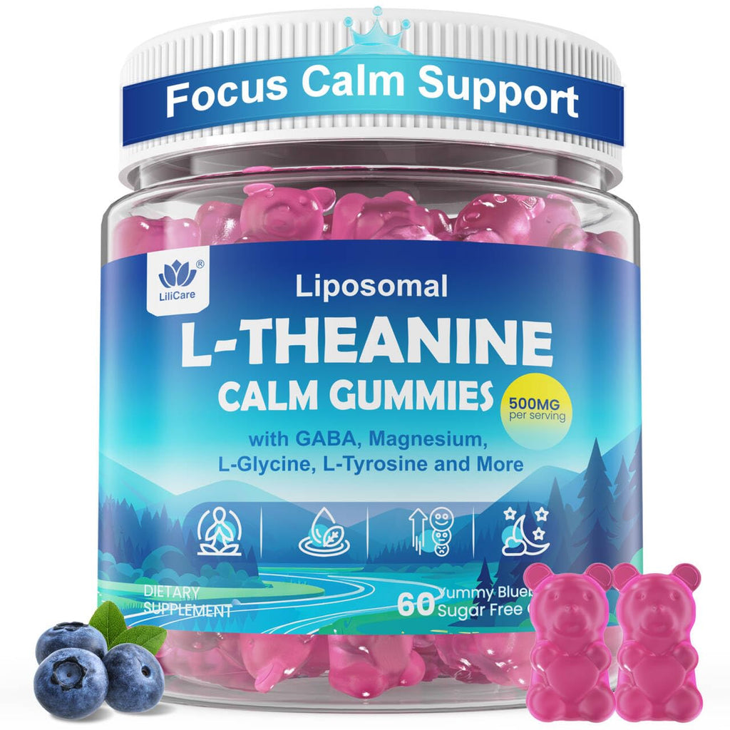 L Theanine Calm Gummies 500mg, Sugar-Free Liposomal L-Theanine Supplement, w/Safforn, Magnesium Glycinate, GABA, Ashwagandha, Algae Omega-3, Vitamin D3 B12