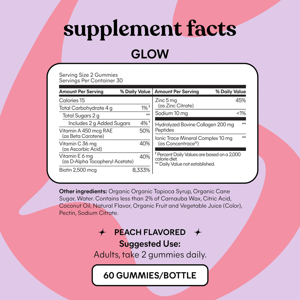 Lemme Glow Collagen Gummies for Thick Hair, Strong Nails & Healthy Skin with Multi-Collagen Peptides, Biotin, Trace Minerals, Zinc, Vitamins A, C & E