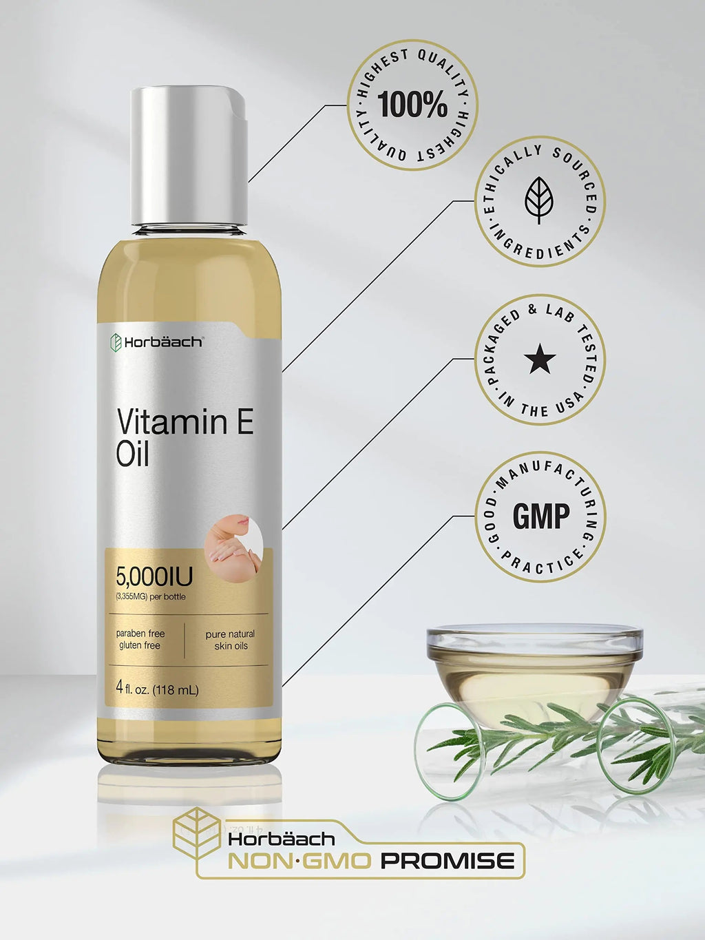 Vitamin E Oil | 5000 IU | 8 oz (2 x 4oz) Value Pack | for Skin, Hair, Face & Body | Vegetarian Horbäach Au supplements
