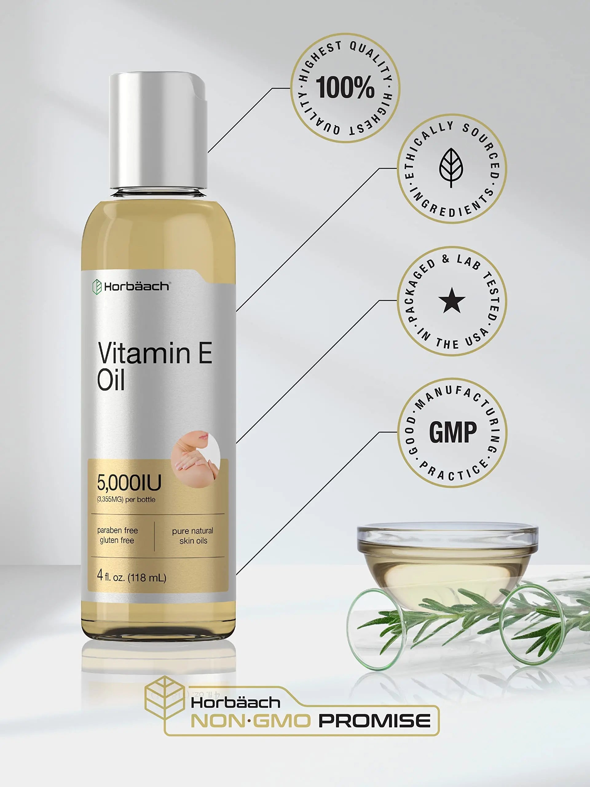Vitamin E Oil | 5000 IU | 8 oz (2 x 4oz) Value Pack | for Skin, Hair, Face & Body | Vegetarian Horbäach Au supplements
