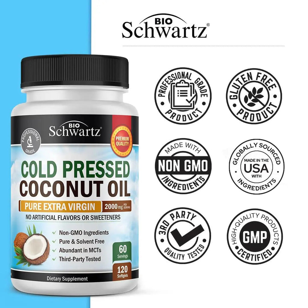 Coconut Oil Capsules 2000mg - Organic Pure Extra Virgin Unrefined Cold Pressed MCT BioSchwartz Au supplements