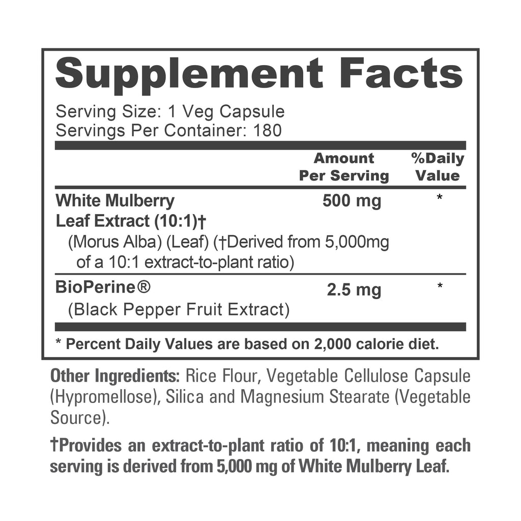 NusaPure White Mulberry Leaf Extract 10:1 Extract, 500 mg Equivalent to 5000mg 180 Veg Caps (Vegan, Non GMO Bioperine) NusaPure Au supplements