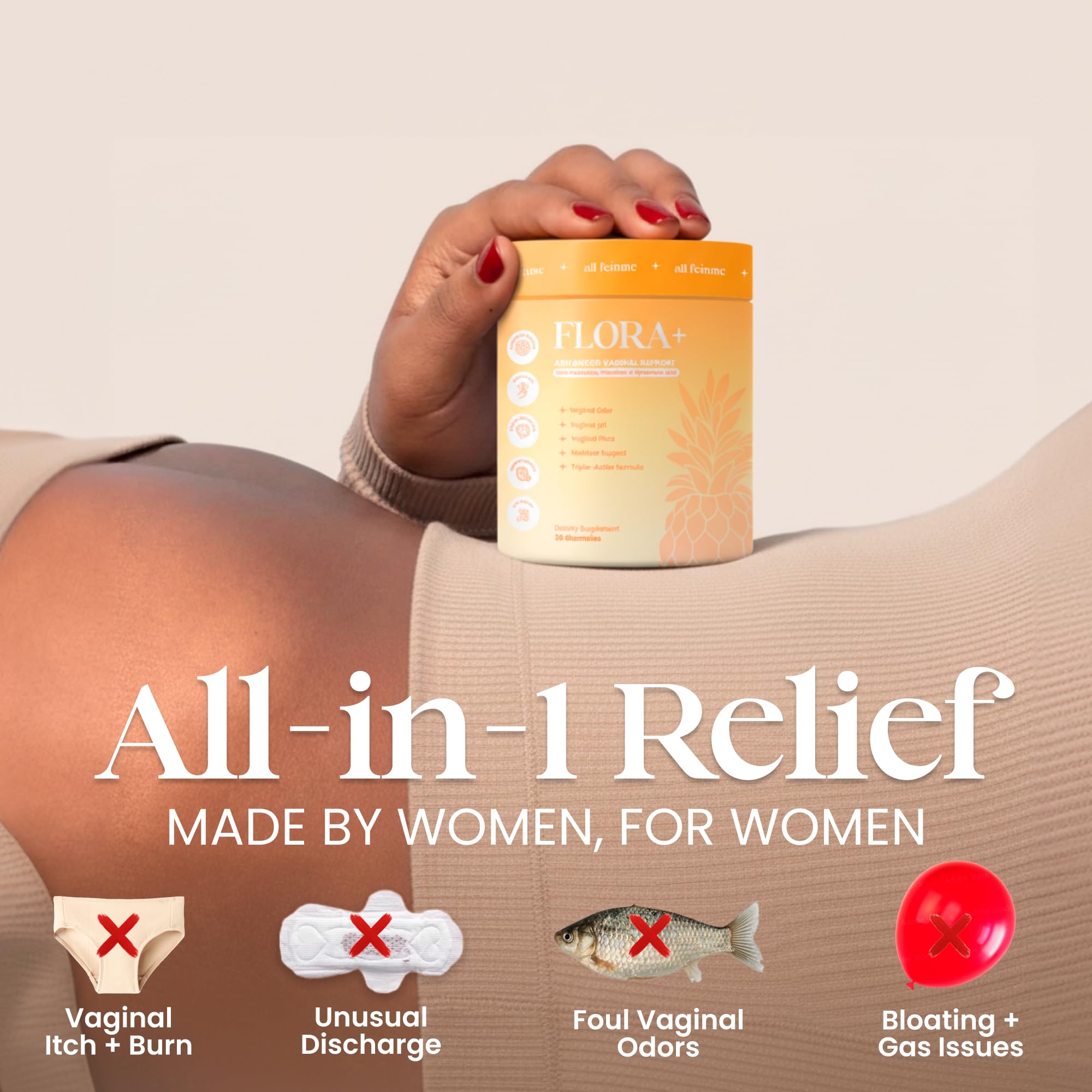 ALLFEMME Flora+ Women’s Vaginal Probiotic Gummies for pH Balance, Odor and Freshness Support with Prebiotics & Hyaluronic Acid