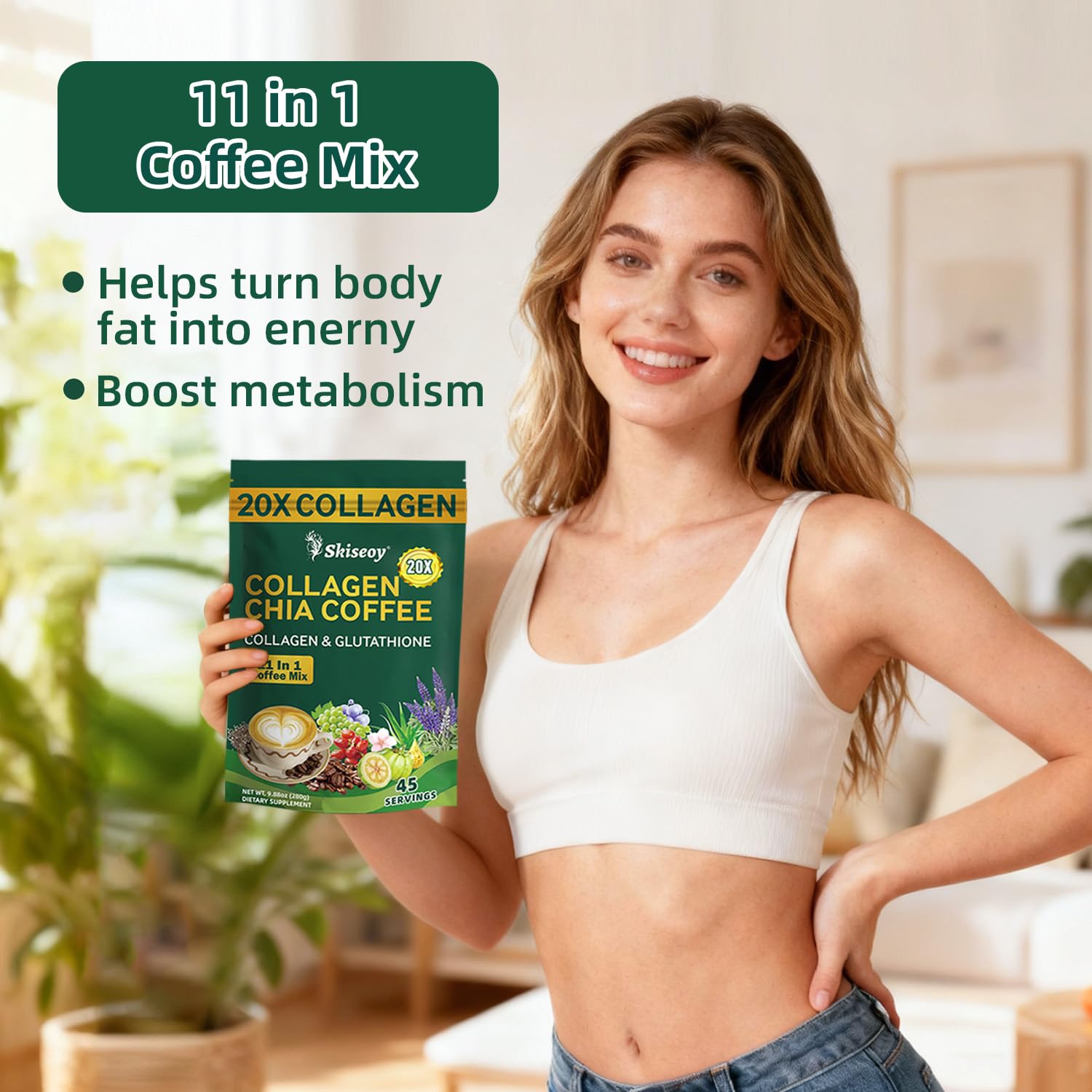 Skiseoy 20x Collagen Chia Coffee - 11-in-1 Coffee Shape Mix with L-Glutathione for Skin, Hair, Joints - Boost Energy and Focus, Vegan Friendly, 45 Servings Skiseoy Au supplements