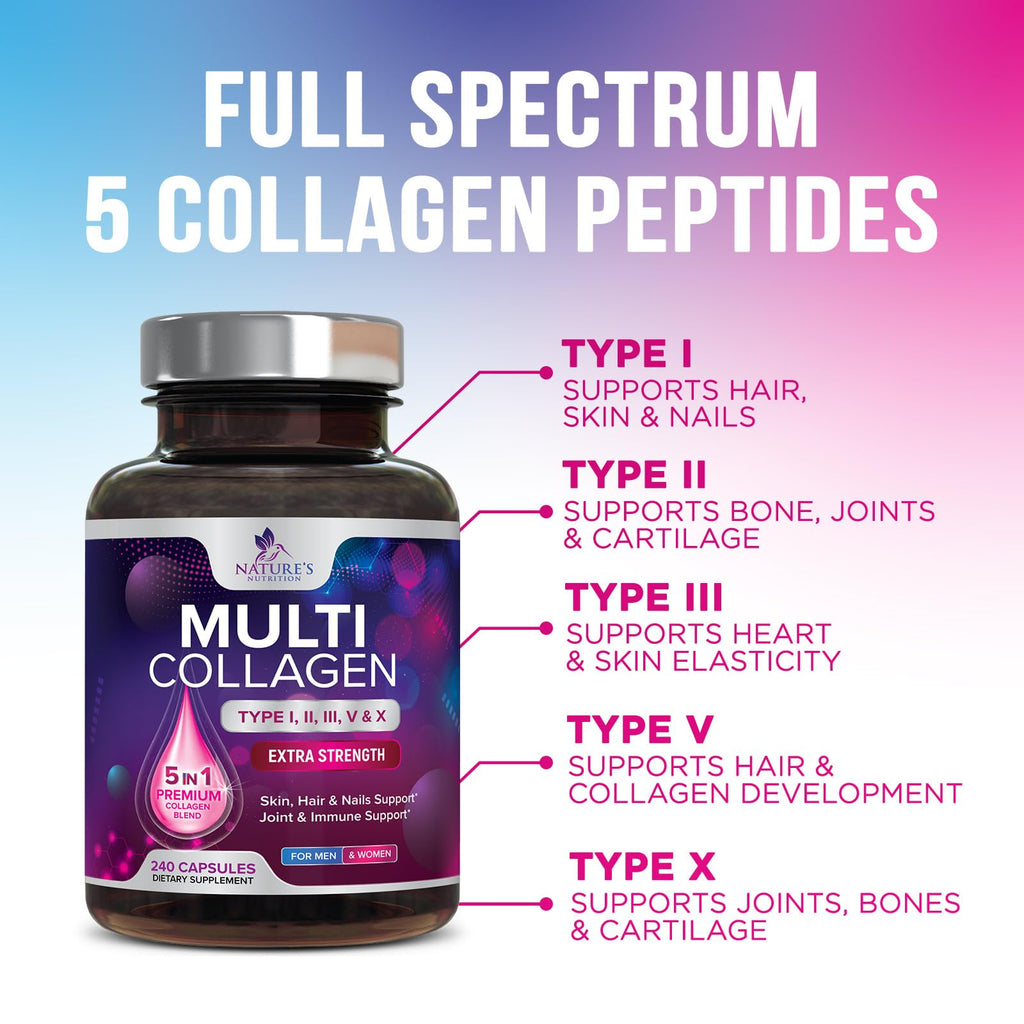 Multi Collagen Pills - Multi Collagen Complex 2400 mg Per Serving - Types I, II, III, V, X - Hydrolyzed Collagen Peptides Supplement - Hair, Skin & Nail Support