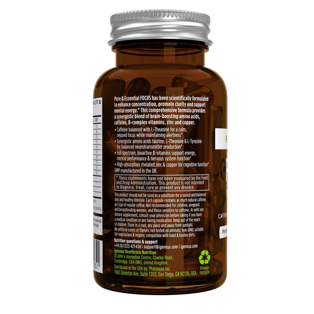 Igennus Focus - Nootropic with 200mg Natural Caffeine, Methylated B Vitamins, L-Theanine, Taurine, L-Tyrosine, Clean Energy, Brain Booster & Cognitive Performance, Non Jittery, 60 Capsules Igennus Healthcare Nutrition Au supplements