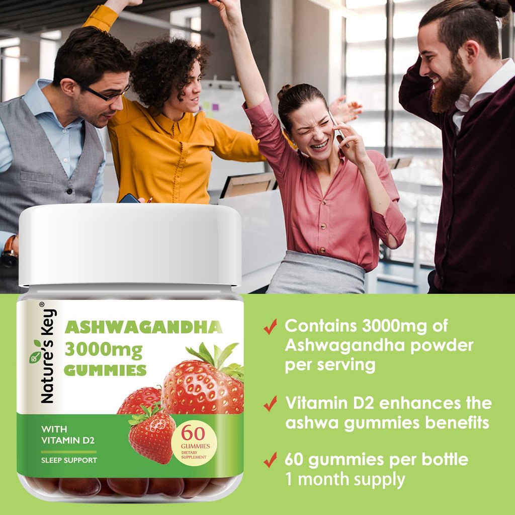 Nature's Key Ashwagandha Gummies, 3000mg High Potency Ashwagandha Root Extract with Vitamin D2, Stress, Calm Mood & Cognition, for Men & Women, Strawberry Flavor (60 Count (Pack of 1) Nature's Key Au supplements
