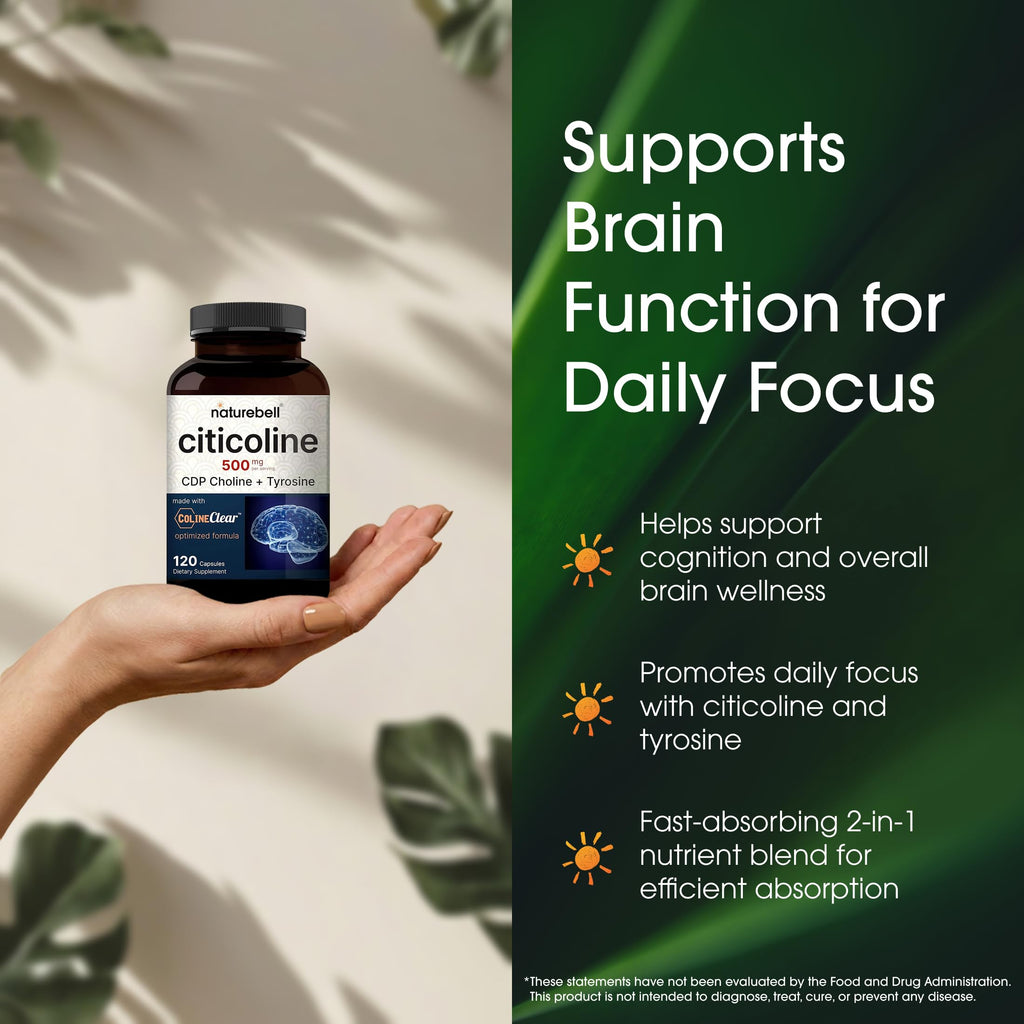 NatureBell Citicoline 500mg - 120 Capsules - Brain Function Support for Adults - Memory & Focus Aid with CDP Choline & Tyrosine - Fast-Absorbing Formula