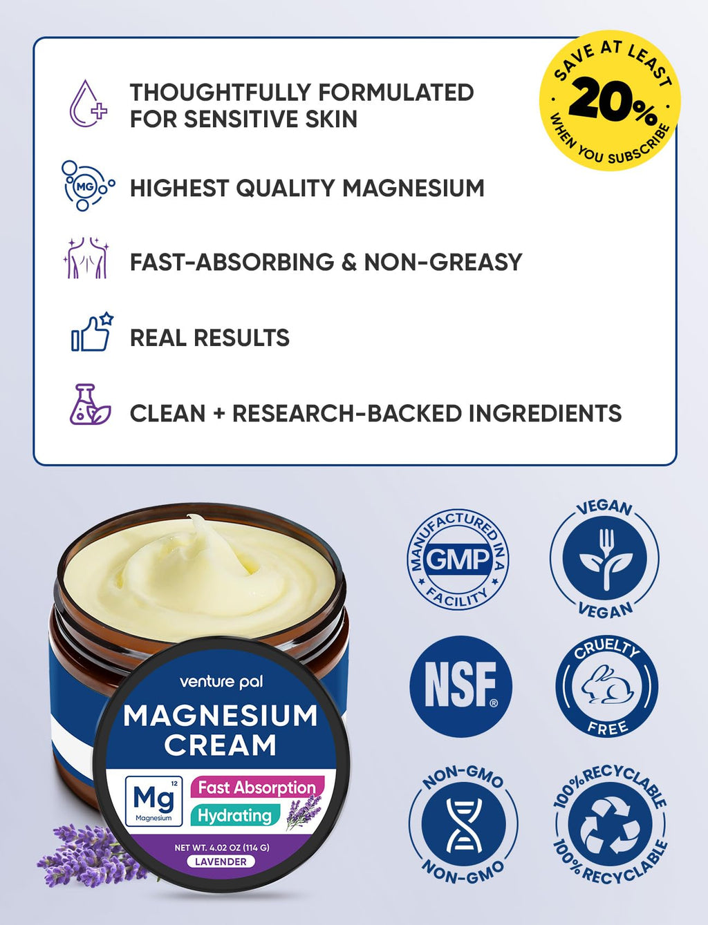 Venture Pal Topical Magnesium Cream, Fast-Absorbing Magnesium Moisturizing Lotion with Coconut Oil