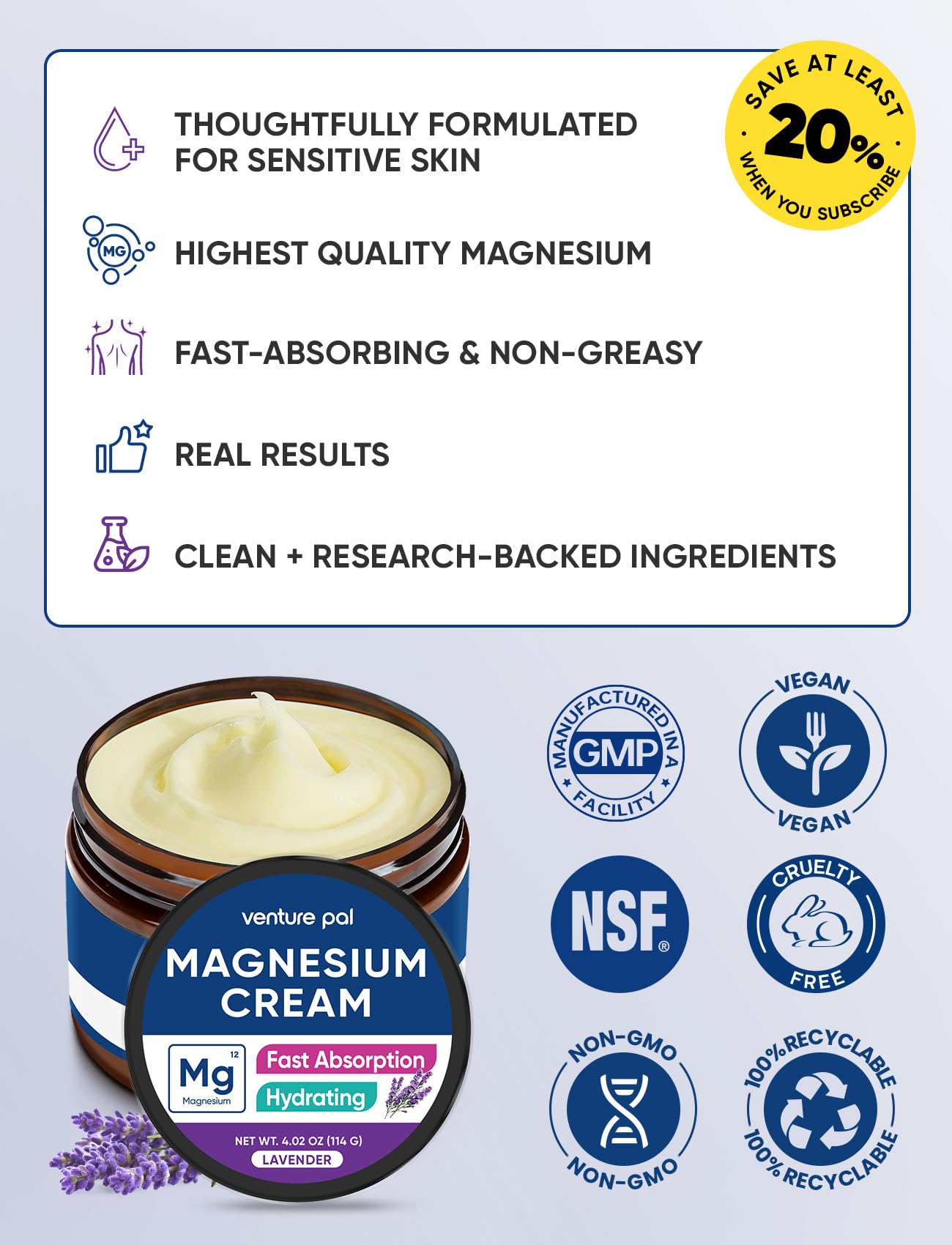 Venture Pal Topical Magnesium Cream, Fast-Absorbing Magnesium Moisturizing Lotion with Coconut Oil