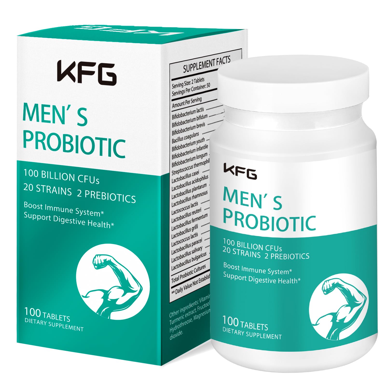 KFG Probiotic Supplement 100 Billion CFU, 20 Strains, 2 Prebiotics and Digestive Enzymes, Supports Digestion, Immune Support, Gut Health and Metabolism, Non-GMO,