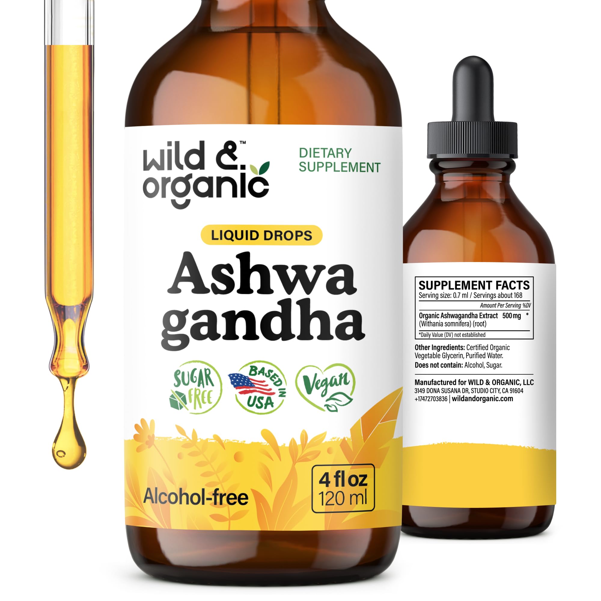Wild & Organic Ashwagandha Drops - Mood Support & Positive Energy - 500 mg Ashwagandha for Women & Men - Add to Tea Liquid Extract for Relaxation - Non-GMO, Sugar & Alcohol-Free Tincture - 4 fl oz Wild & Organic Au supplements