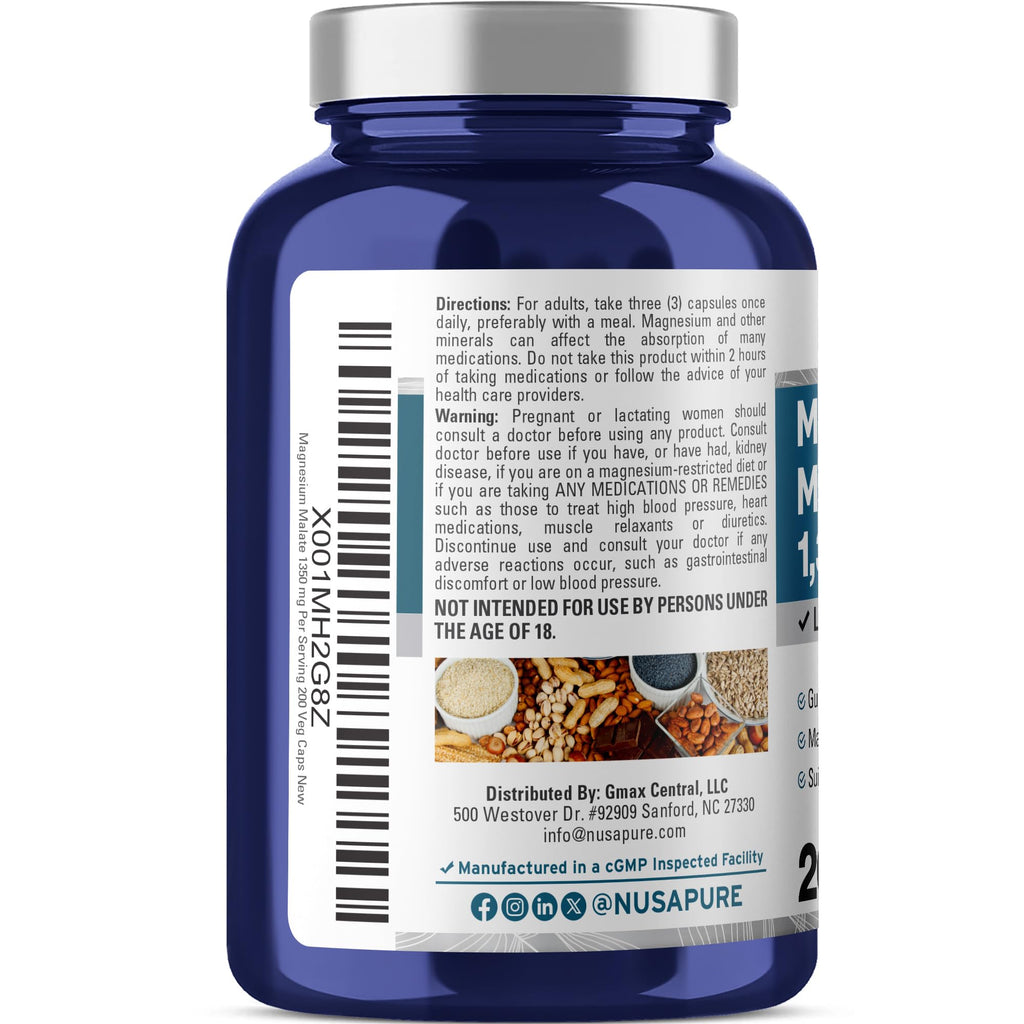 NusaPure Magnesium Malate 1350mg 200 Veggie Capsules (Vegan, Non-GMO, Vegan) NusaPure Au supplements