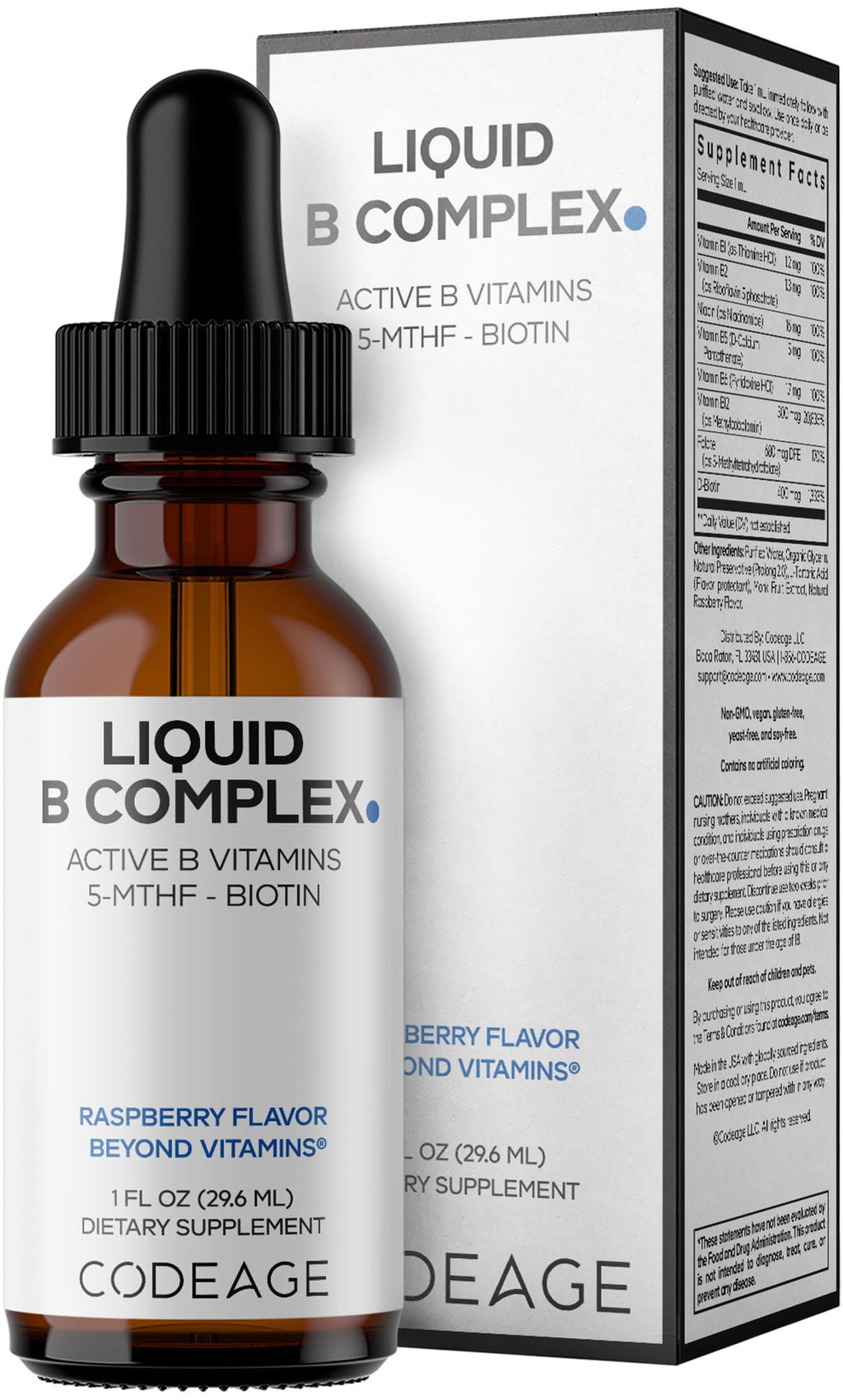 Codeage Liquid B-Complex Supplement with 8 Forms of Vitamin B - Vitamin Thiamine B1, Riboflavin B2, B3, B5, B6, Biotin B7, Active Methylated B9 Folate & B12 - Raspberry Flavor - Non-GMO - 1 fl oz Codeage Au supplements