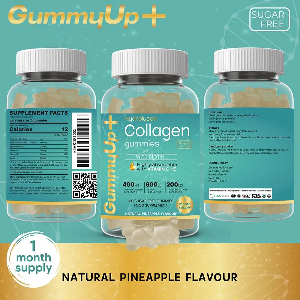 Hydrolysed Collagen Gummies with Biotin, 60 Sugar Free Natural Pineapple Flavoured Gummies ZA ZACANNA Au supplements
