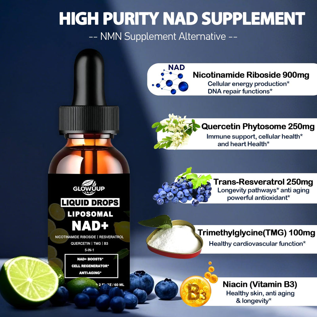 NAD Supplements for Women & Men, Liposomal NAD Nicotinamide Riboside Resveratrol 900mg w. B3 Vitamin Quercetin TMG, Liquid Resveratrol NAD Plus Supplement for Anti-Aging Energy Focus Longevity GLOVVUUP Au supplements