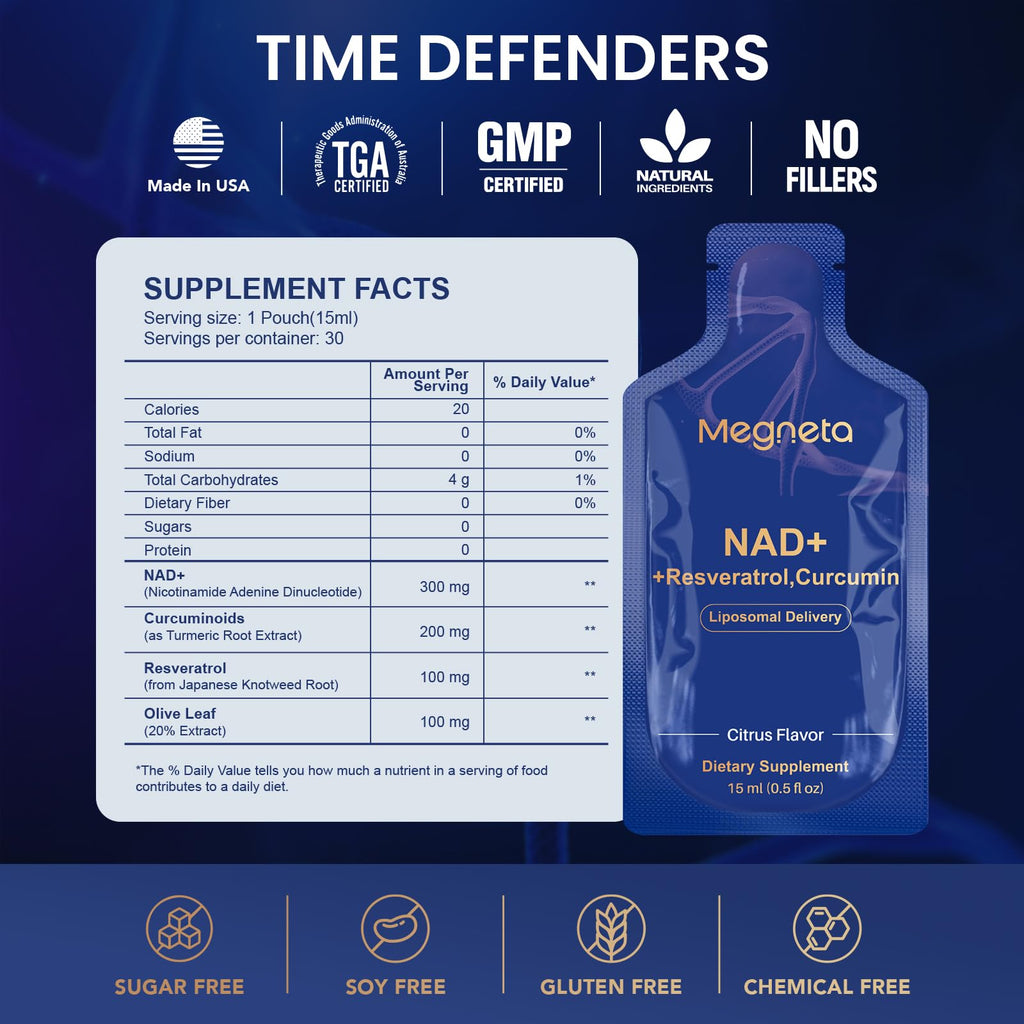 MEGNETA Liposomal NAD+ Supplement with Resveratrol, Anti-Aging, Energy Boost & Cellular Health Support, 15.2 fl. oz NAD Liquid for Men & Women (30 Pouch) MEGNETA Au supplements