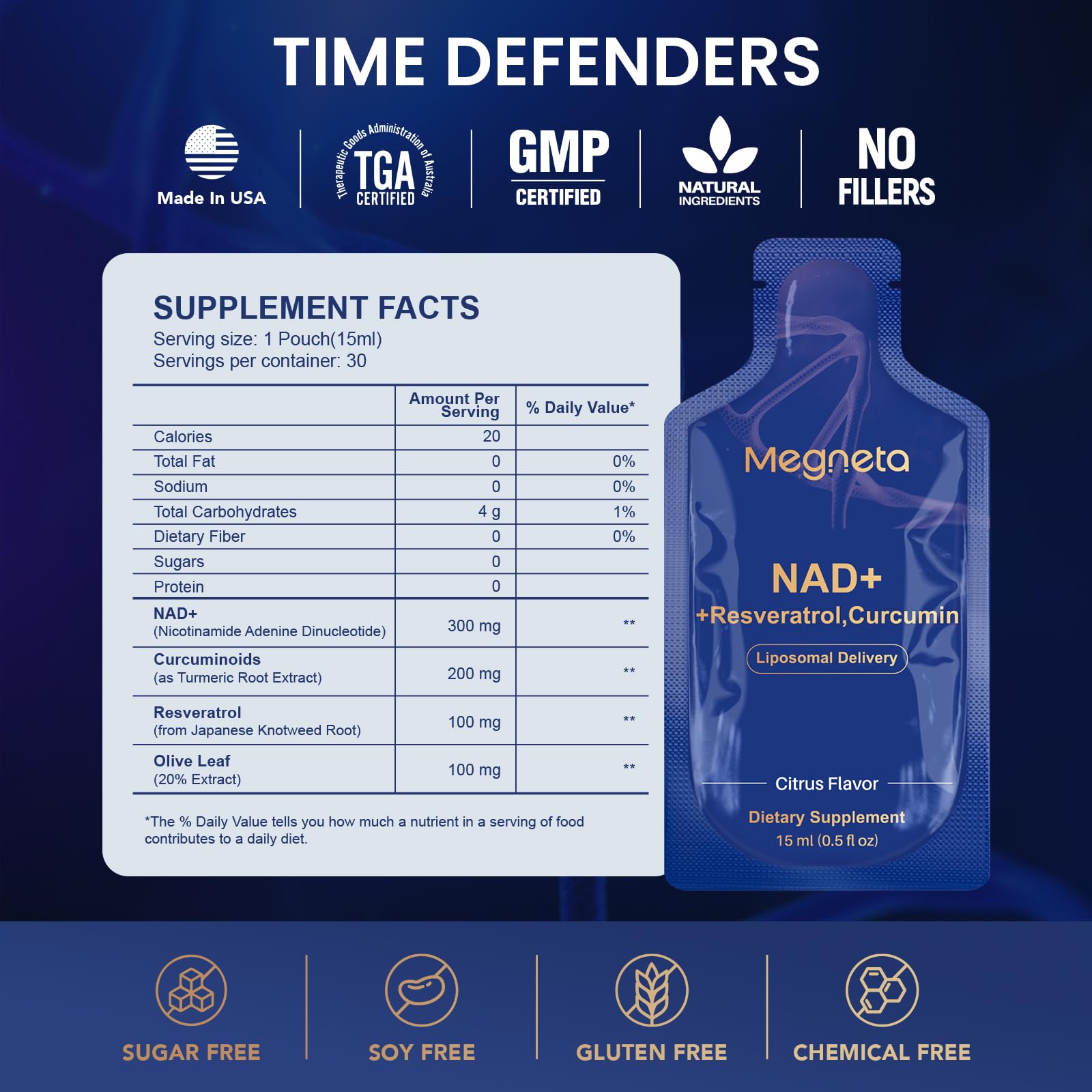 MEGNETA Liposomal NAD+ Supplement with Resveratrol, Anti-Aging, Energy Boost & Cellular Health Support, 15.2 fl. oz NAD Liquid for Men & Women (30 Pouch) MEGNETA Au supplements