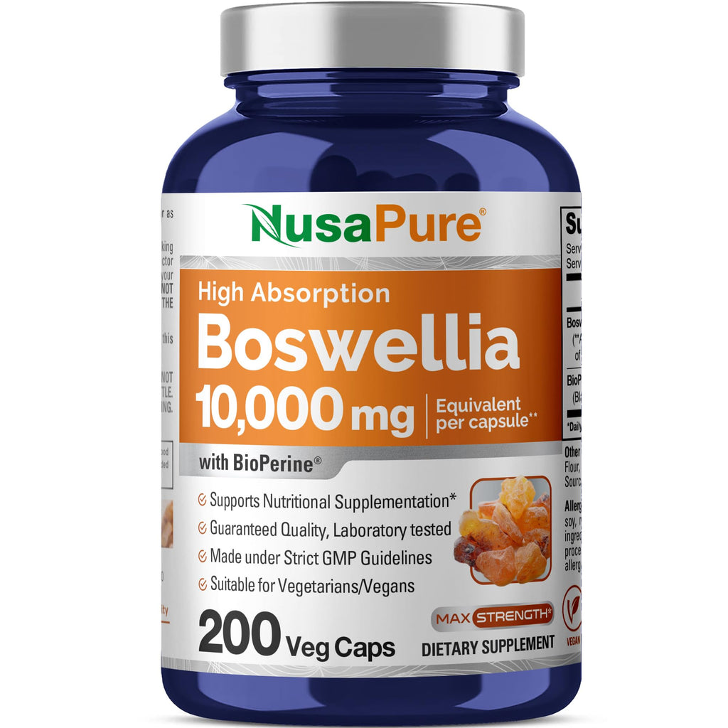 NusaPure Boswellia Serrata 10,000 mg Per Veggie Caps 200 Count (Ext. 20:1, Non-GMO, Vegan, Bioperine) Ayurvedic Herb: Indian Olibanum, Frankincense NusaPure Au supplements