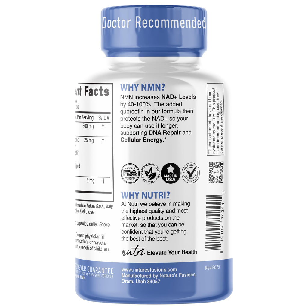 NMN Supplement 300mg NAD Supplement - Nutri Ultra High Absorption Stabilized NMN Nicotinamide Mononucleotide, 40% More NAD+ with Quercetin Phytosome & Black Pepper - mnm supplement (60 Capsules) Nature's Fusions Au supplements