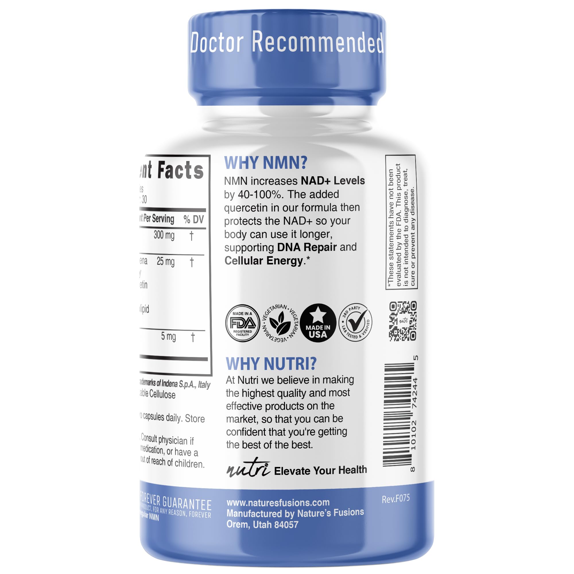 NMN Supplement 300mg NAD Supplement - Nutri Ultra High Absorption Stabilized NMN Nicotinamide Mononucleotide, 40% More NAD+ with Quercetin Phytosome & Black Pepper - mnm supplement (60 Capsules) Nature's Fusions Au supplements