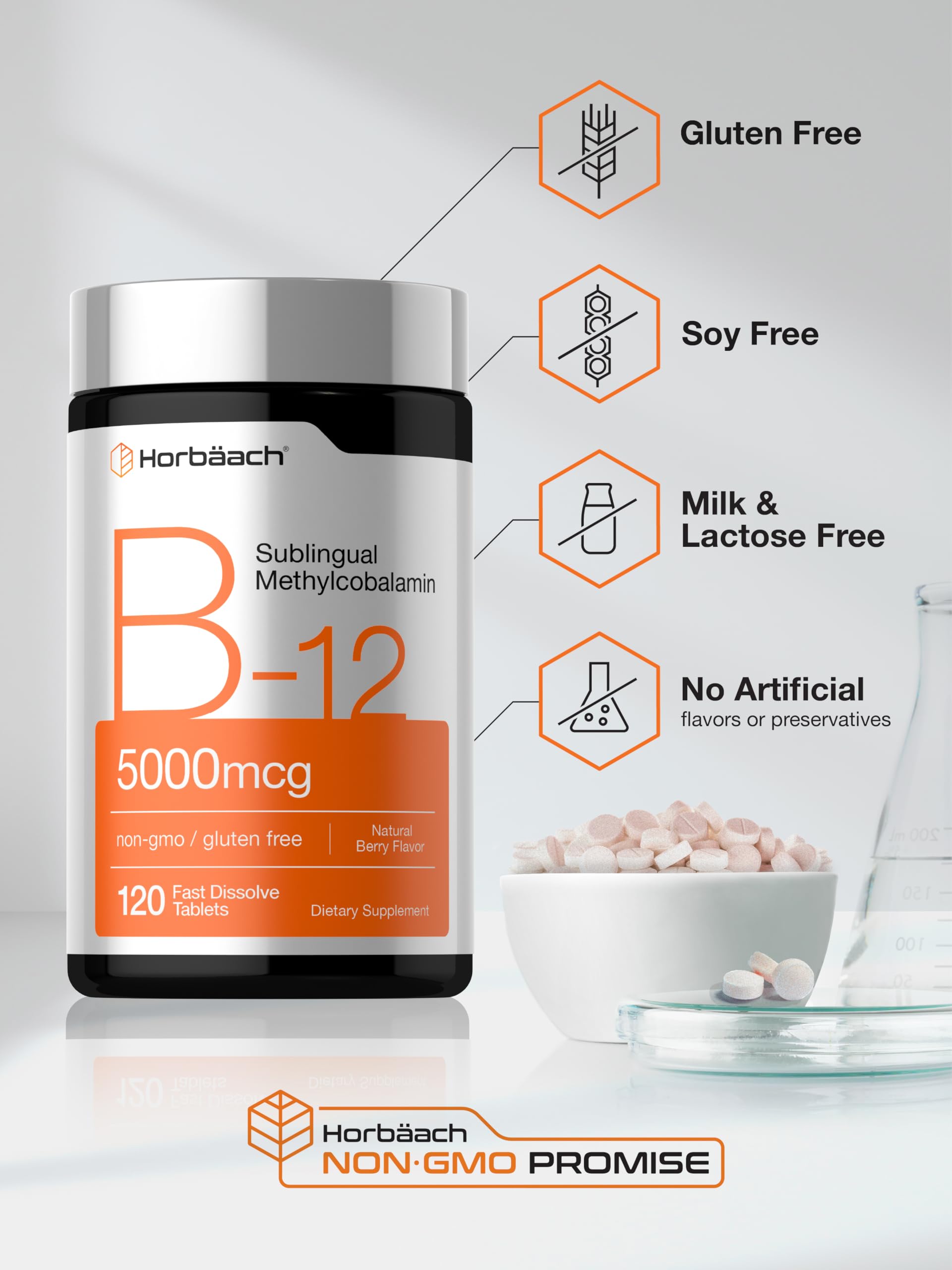 Horbäach B12 Vitamin 5000 mcg | 120 Fast Dissolve Tablets | Sublingual Methylcobalamin | Natural Berry Flavor | Vegan, Non-GMO