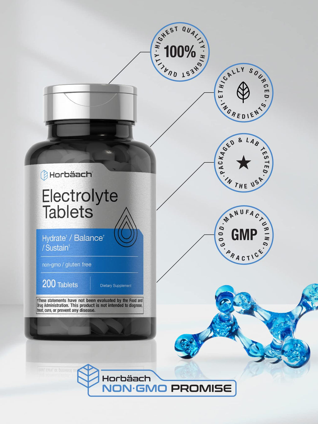 Horbäach Electrolyte Tablets | 200 Count | Helps Hydrate, Balance, & Sustain | with Calcium, Magnesium, Chloride, Sodium and Potassium | Vegetarian, Non-GMO & Gluten Free