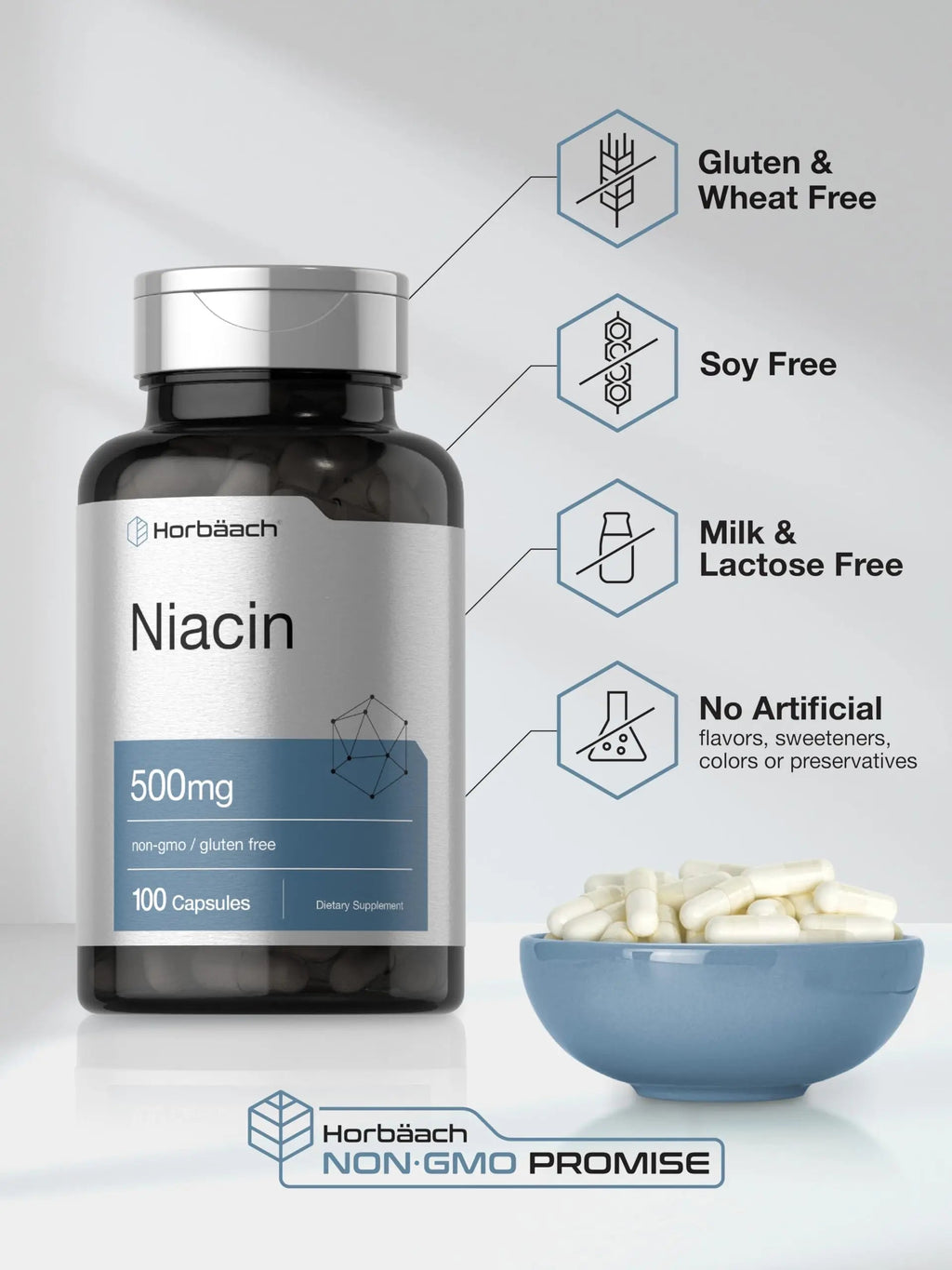 Niacin | Vitamin B3 500mg | 100 Capsules | with Flushing | Non-GMO, and Gluten Free Horbäach Au supplements