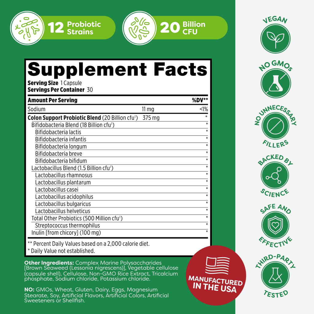 Probulin Colon Support Probiotic Supplement, Daily Gut, Digestive, and Immune Health Probiotics Capsules for Men and Women, 20 Billion CFU, Vegan, 30 Count Bottle Probulin Au supplements