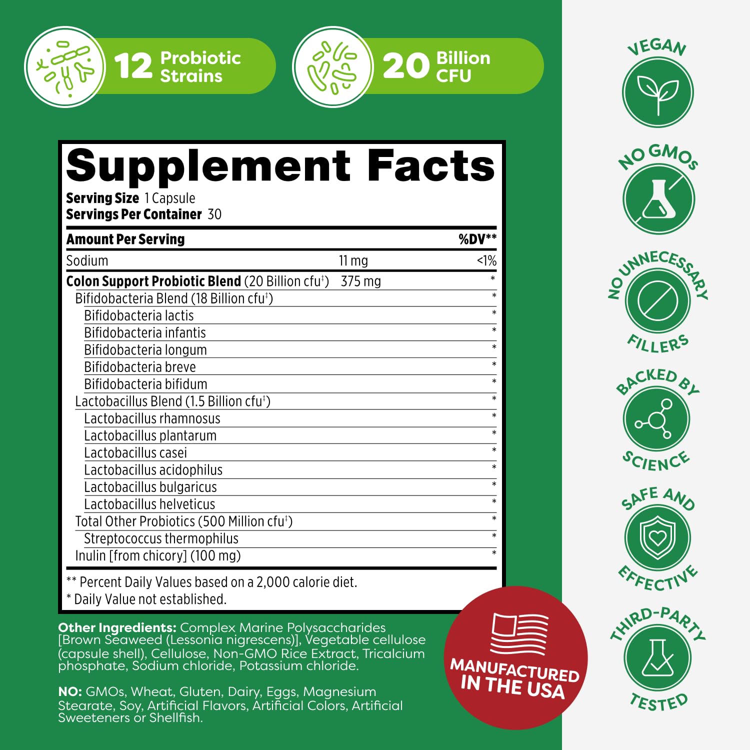 Probulin Colon Support Probiotic Supplement, Daily Gut, Digestive, and Immune Health Probiotics Capsules for Men and Women, 20 Billion CFU, Vegan, 30 Count Bottle Probulin Au supplements
