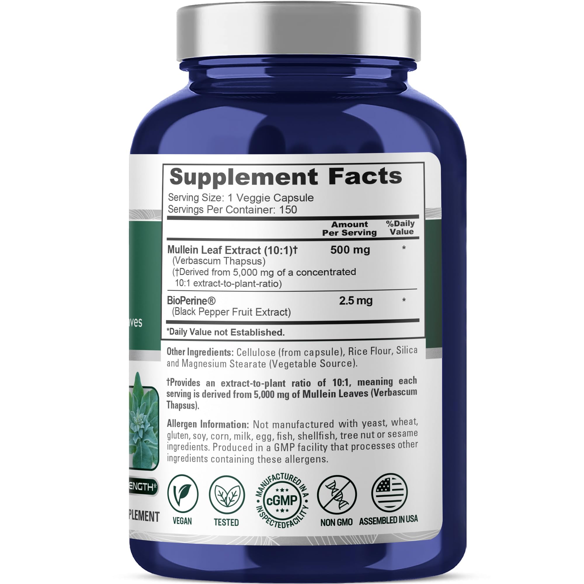 NusaPure Mullein Leaf Capsules 10:1 Extract, 500 mg Equivalent to 5,000 mg per Veggie Caps - 150 Count - Verbascum Thapsus (Non-GMO, Vegan) Dietary Supplement NusaPure Au supplements