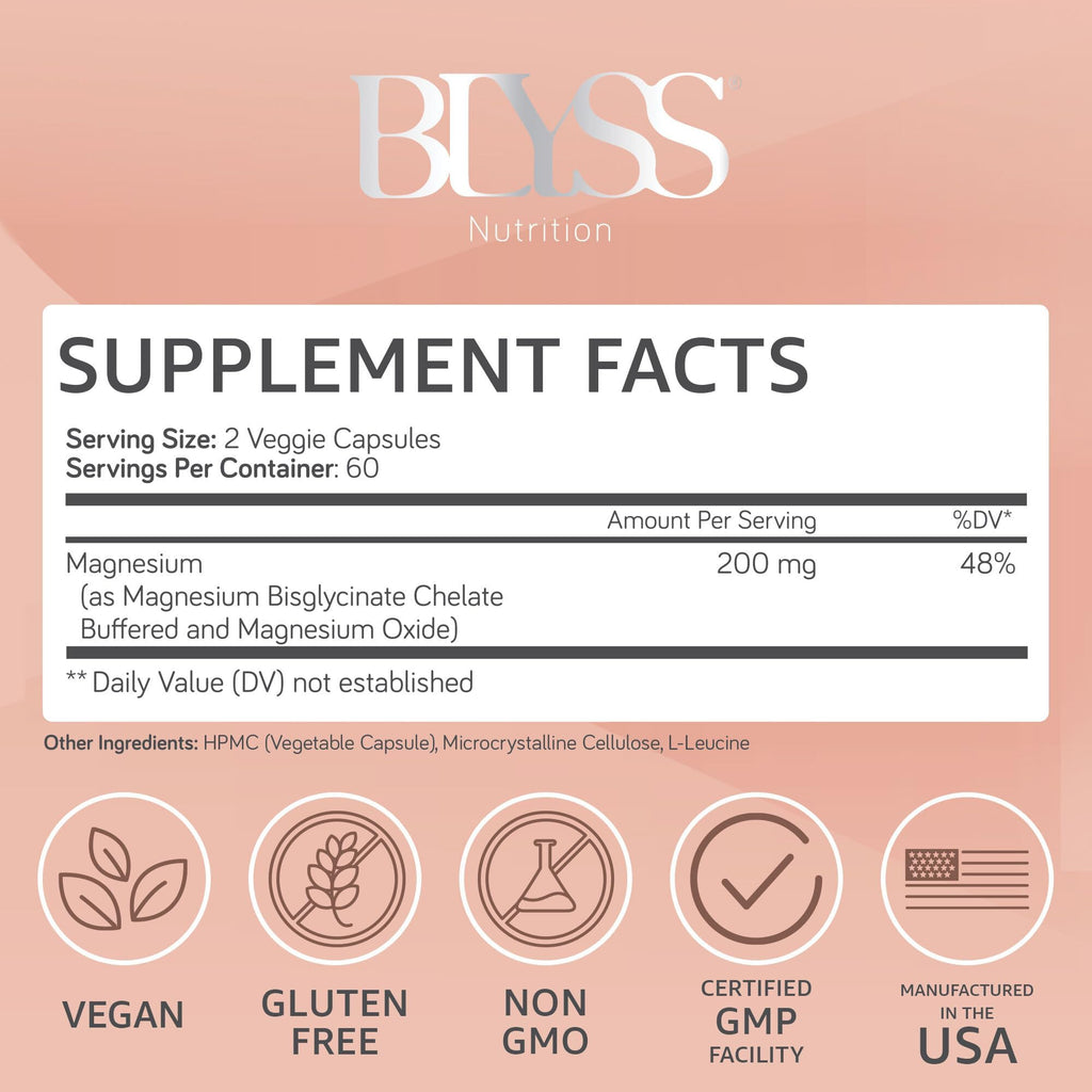 BLYSS Nutrition Magnesium Bisglycinate Capsules for Women - 200mg Chelated Glycinate Magnesium Supplement - Natural Supplements to Support Sleep,