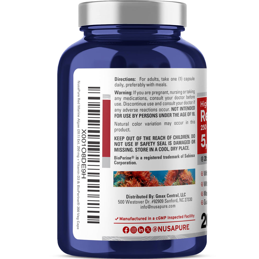 NusaPure Red Marine Algae 20:1 Extract, 250 mg Equivalent to 5,000 mg 200 Veggie Capsules (Non-GMO & Soy Free) Bioperine NusaPure Au supplements